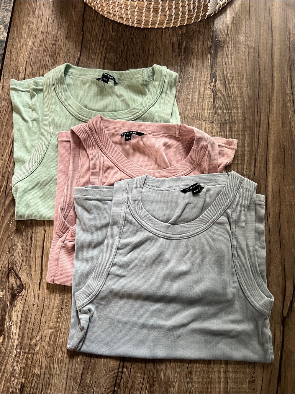 Tahari 3-Pack Ribbed Tank Tops — Sage Green, Dusty Pink & Light Gray